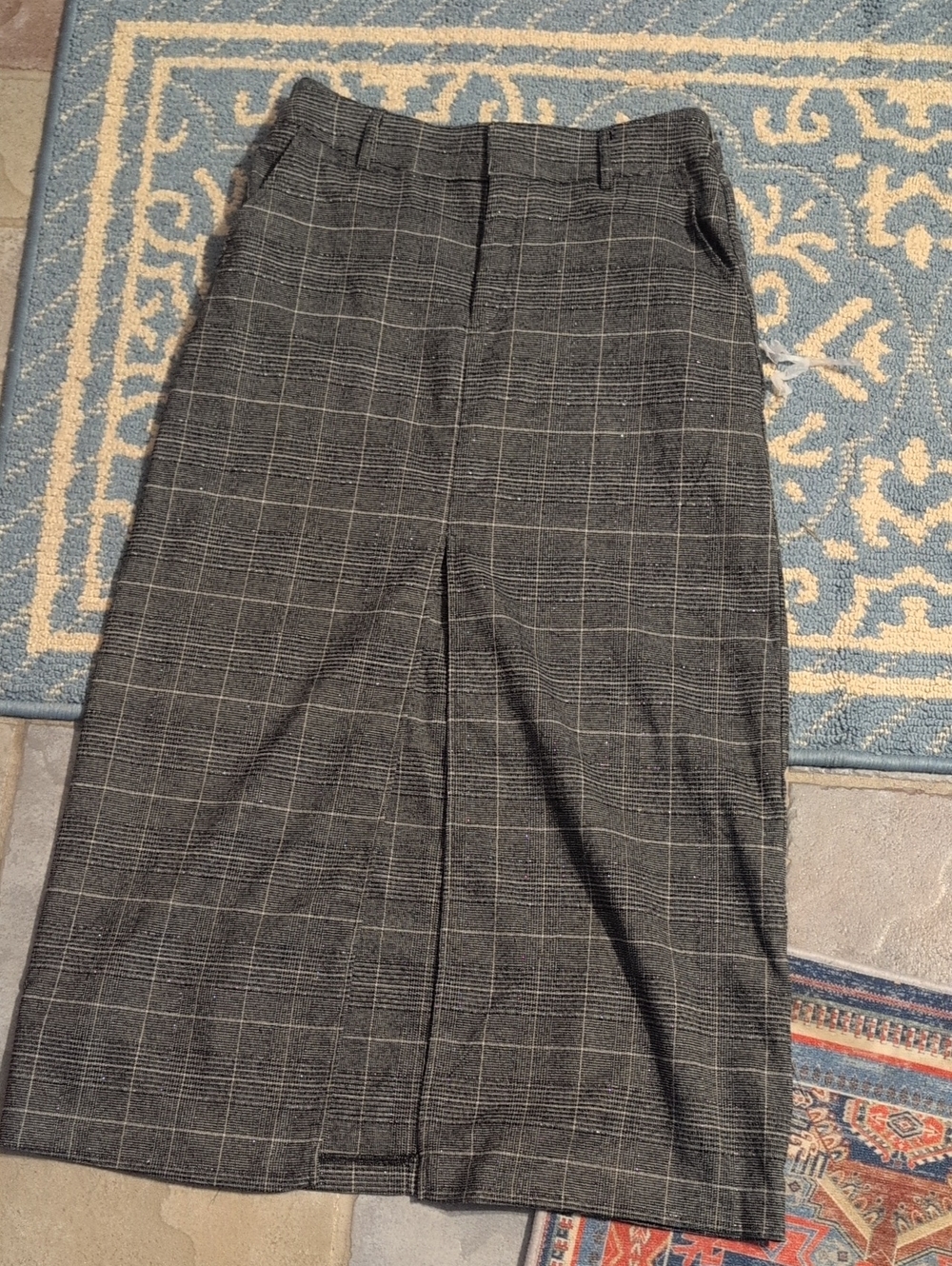 SO Gray/Silver Plaid Midi Skirt with Front Slit